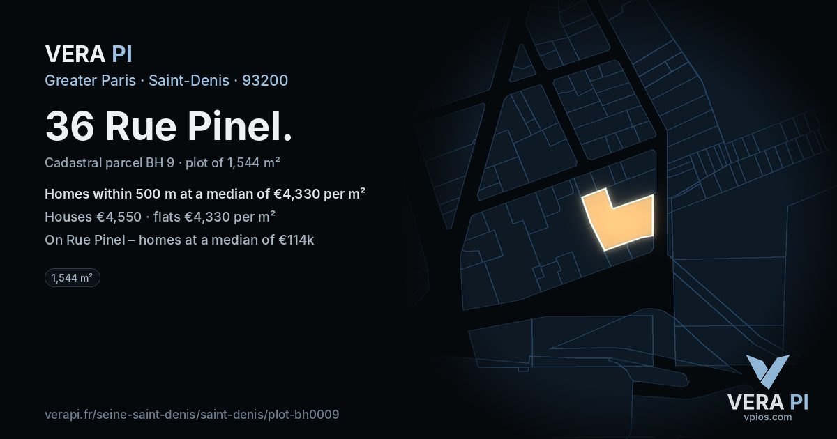 36 Rue Pinel, Saint-Denis at night – the plot lit, the parcels around coloured by the prices near them