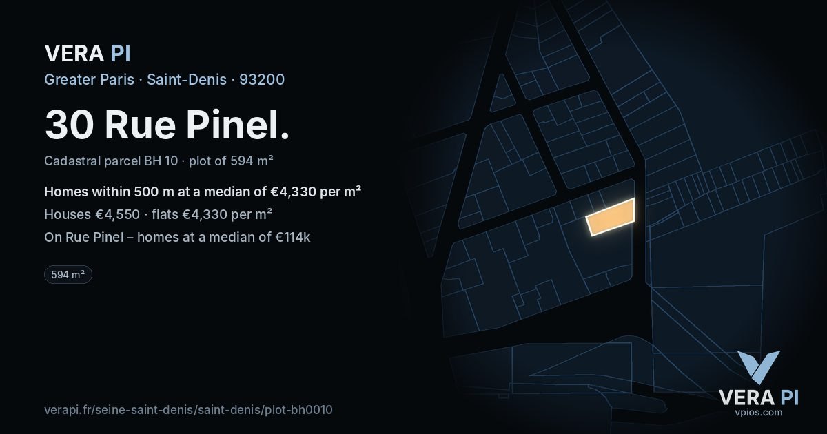 30 Rue Pinel, Saint-Denis at night – the plot lit, the parcels around coloured by the prices near them