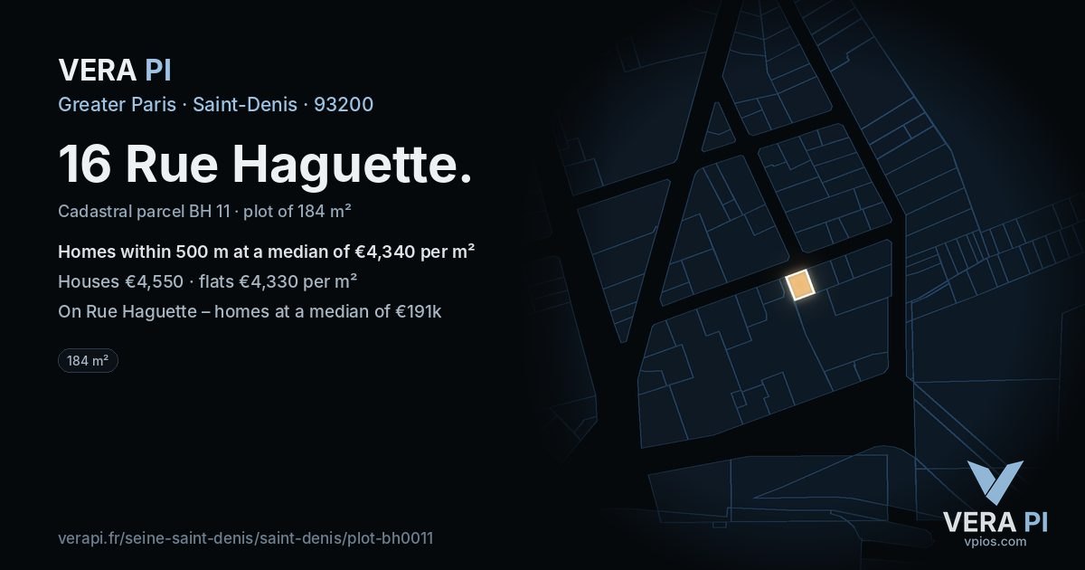 16 Rue Haguette, Saint-Denis at night – the plot lit, the parcels around coloured by the prices near them