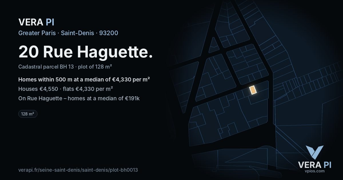 20 Rue Haguette, Saint-Denis at night – the plot lit, the parcels around coloured by the prices near them
