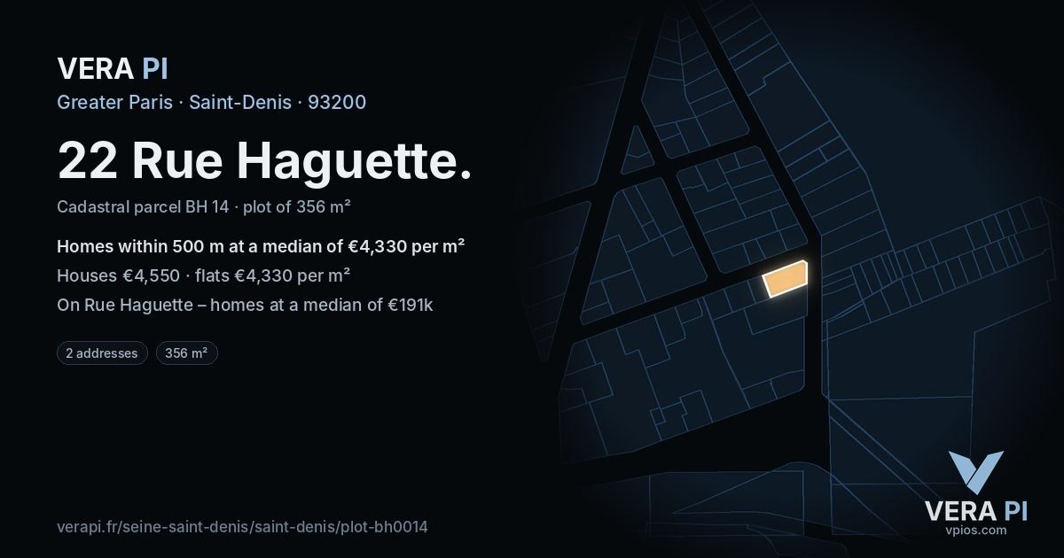 22 Rue Haguette, Saint-Denis at night – the plot lit, the parcels around coloured by the prices near them
