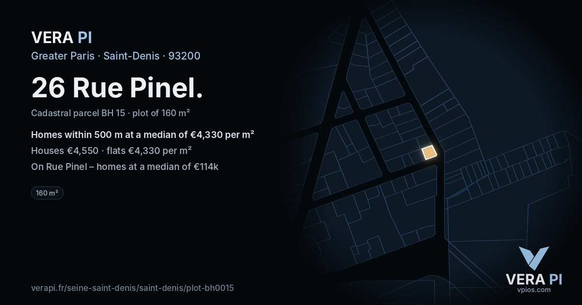 26 Rue Pinel, Saint-Denis at night – the plot lit, the parcels around coloured by the prices near them
