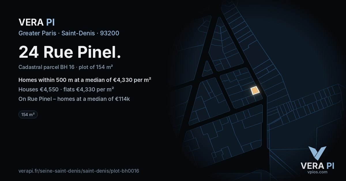 24 Rue Pinel, Saint-Denis at night – the plot lit, the parcels around coloured by the prices near them