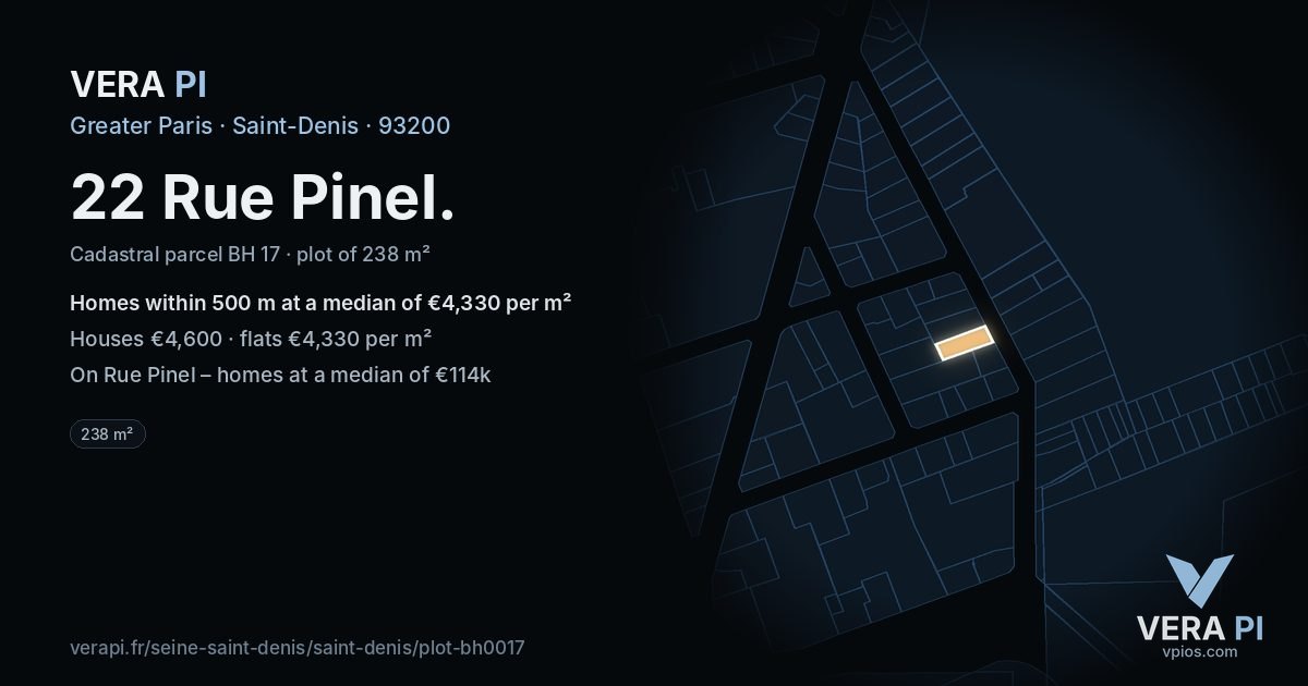 22 Rue Pinel, Saint-Denis at night – the plot lit, the parcels around coloured by the prices near them