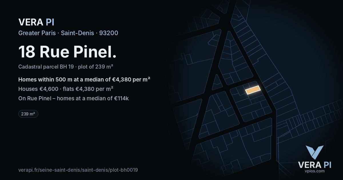 18 Rue Pinel, Saint-Denis at night – the plot lit, the parcels around coloured by the prices near them