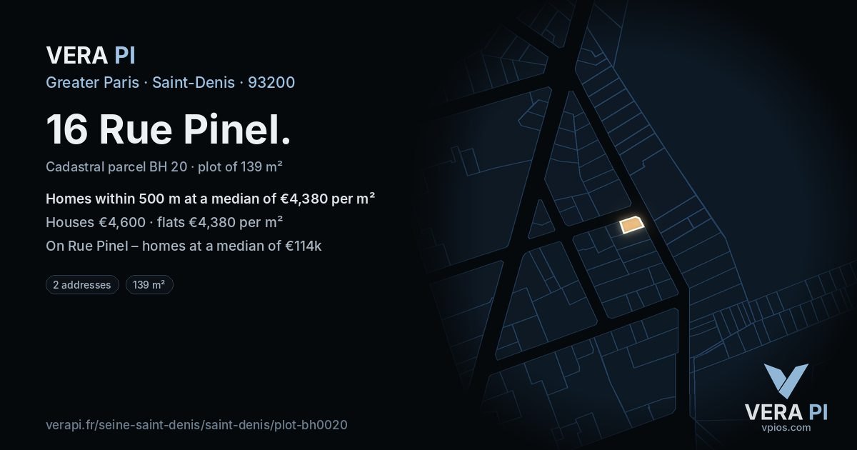16 Rue Pinel, Saint-Denis at night – the plot lit, the parcels around coloured by the prices near them