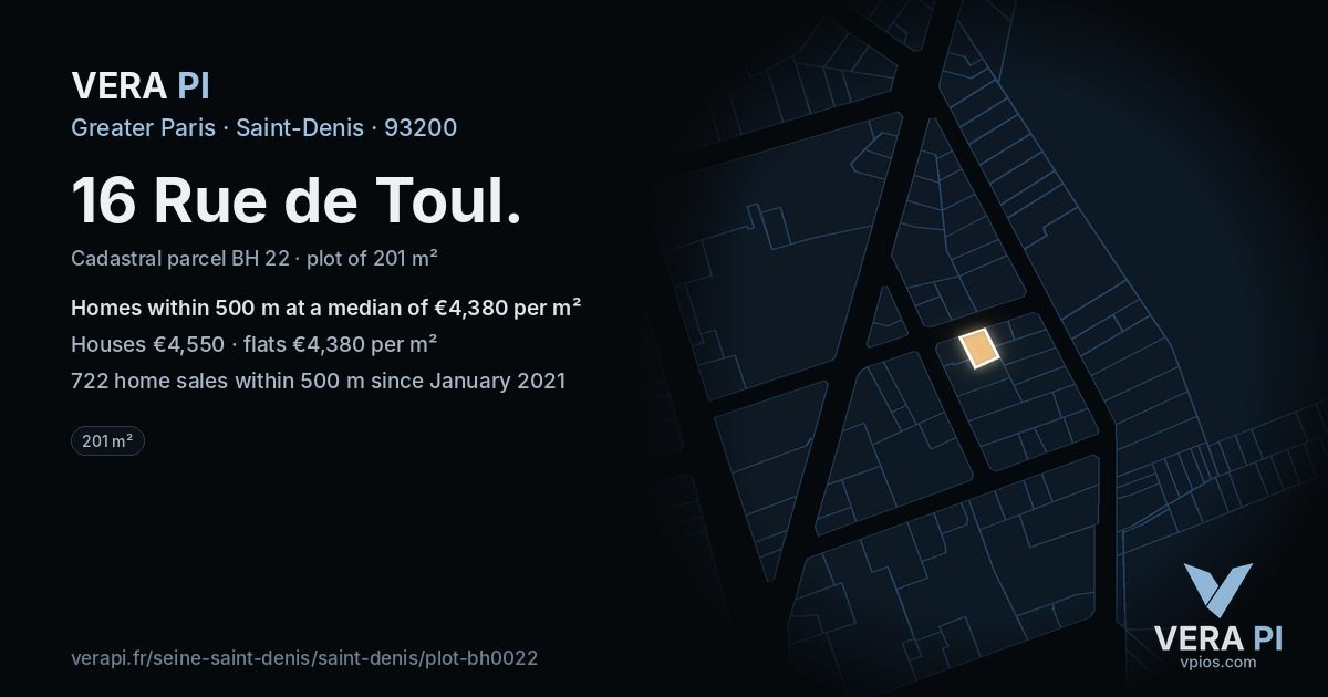 16 Rue de Toul, Saint-Denis at night – the plot lit, the parcels around coloured by the prices near them