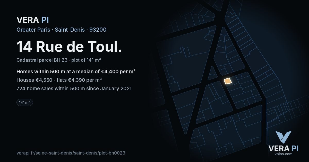 14 Rue de Toul, Saint-Denis at night – the plot lit, the parcels around coloured by the prices near them