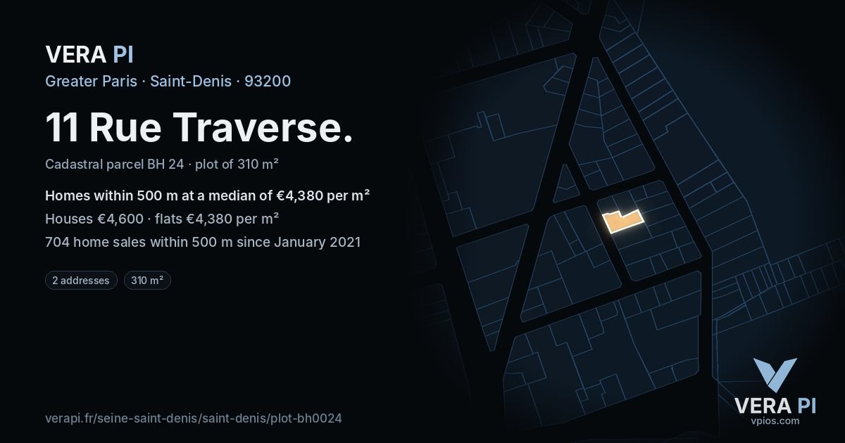 11 Rue Traverse, Saint-Denis at night – the plot lit, the parcels around coloured by the prices near them