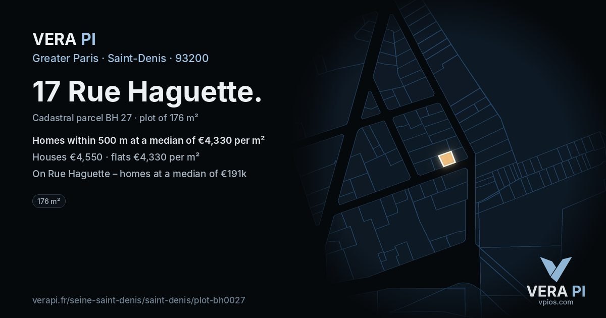 17 Rue Haguette, Saint-Denis at night – the plot lit, the parcels around coloured by the prices near them
