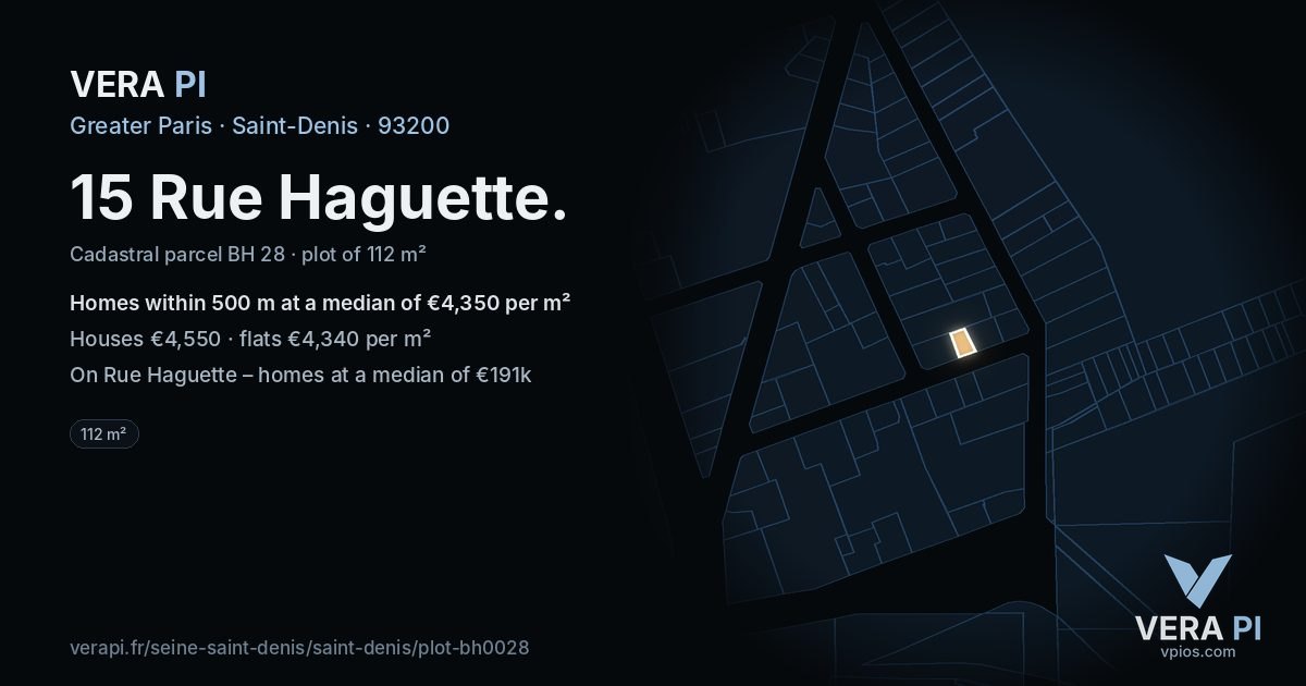 15 Rue Haguette, Saint-Denis at night – the plot lit, the parcels around coloured by the prices near them