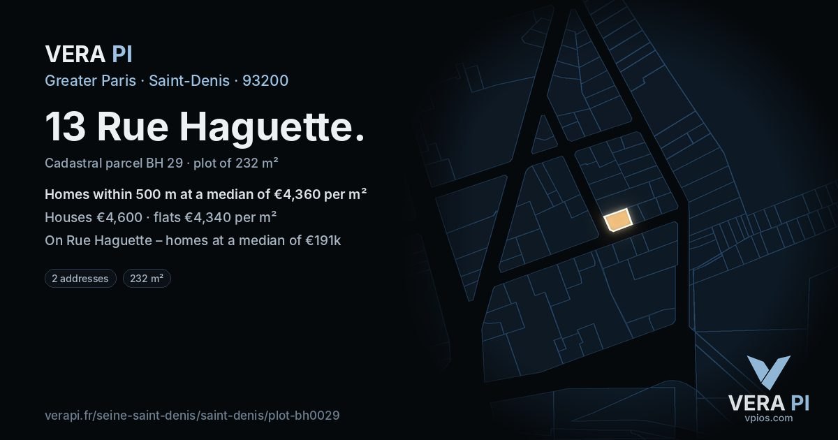 13 Rue Haguette, Saint-Denis at night – the plot lit, the parcels around coloured by the prices near them