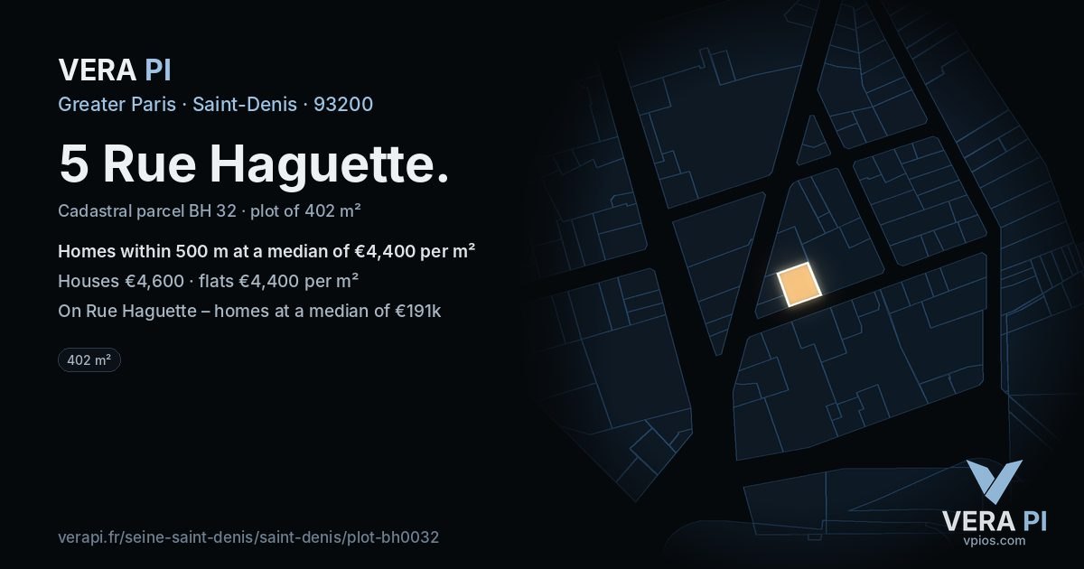 5 Rue Haguette, Saint-Denis at night – the plot lit, the parcels around coloured by the prices near them