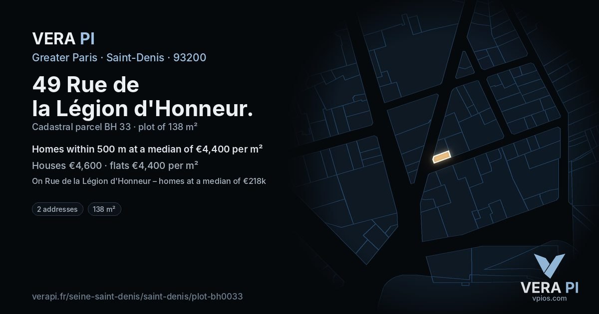 49 Rue de la Légion d'Honneur, Saint-Denis at night – the plot lit, the parcels around coloured by the prices near them