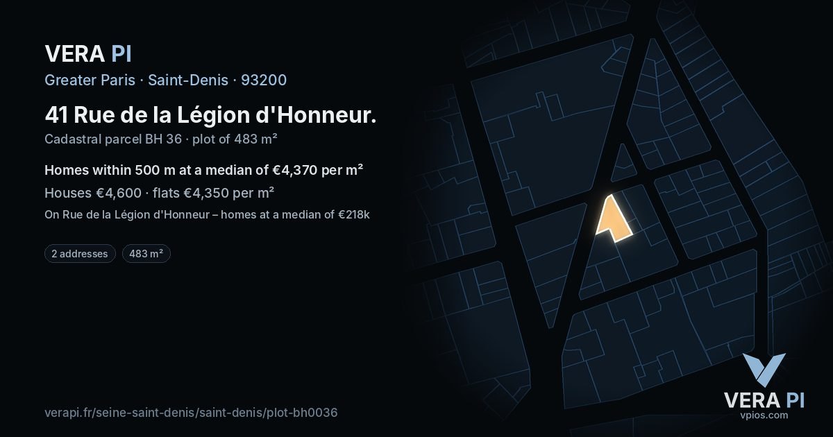 41 Rue de la Légion d'Honneur, Saint-Denis at night – the plot lit, the parcels around coloured by the prices near them