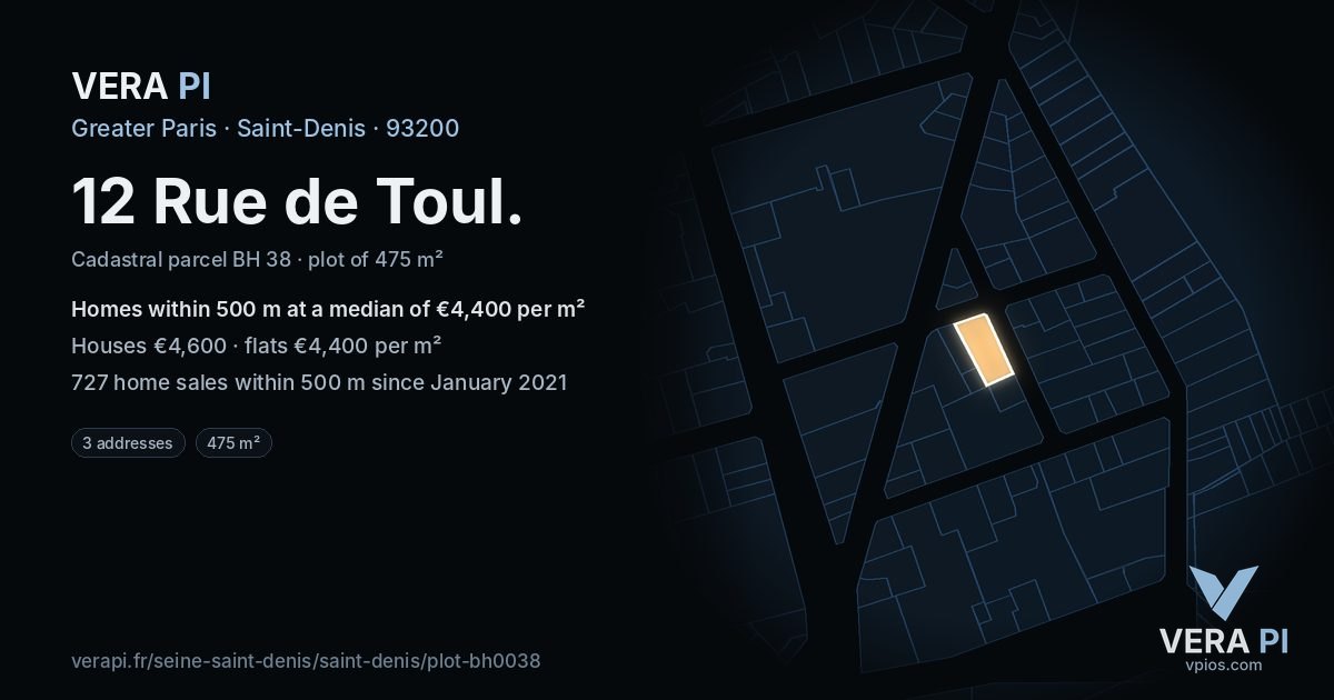 12 Rue de Toul, Saint-Denis at night – the plot lit, the parcels around coloured by the prices near them