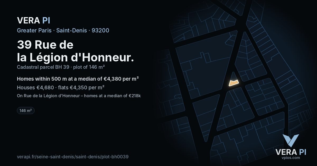39 Rue de la Légion d'Honneur, Saint-Denis at night – the plot lit, the parcels around coloured by the prices near them