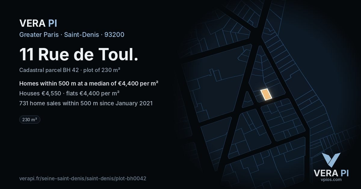 11 Rue de Toul, Saint-Denis at night – the plot lit, the parcels around coloured by the prices near them