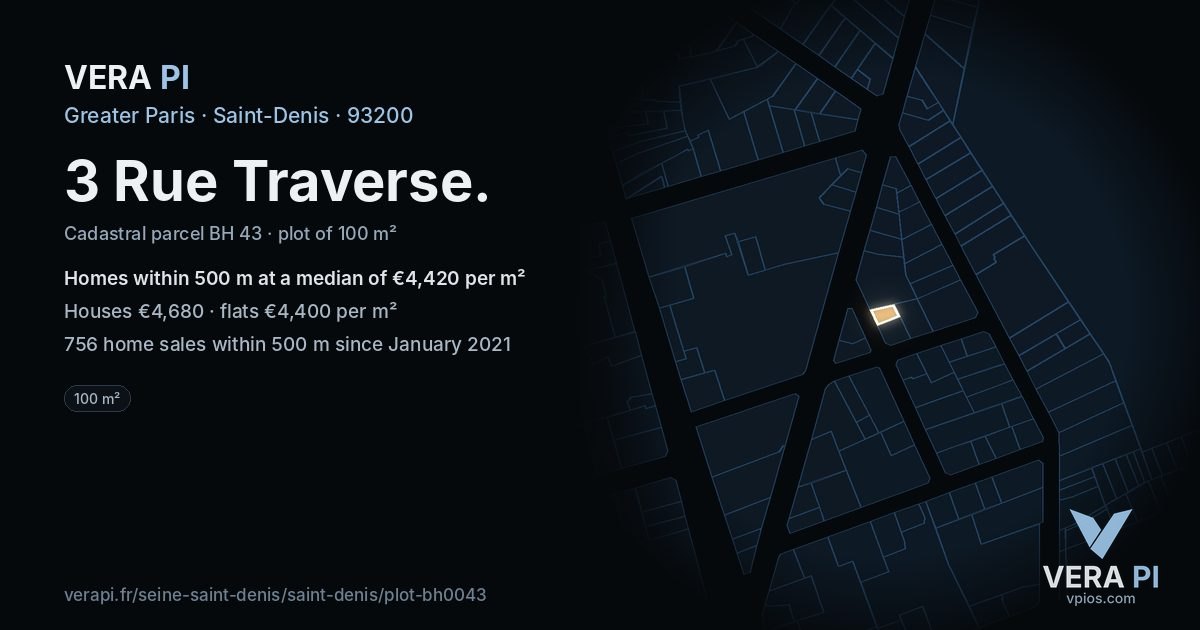 3 Rue Traverse, Saint-Denis at night – the plot lit, the parcels around coloured by the prices near them