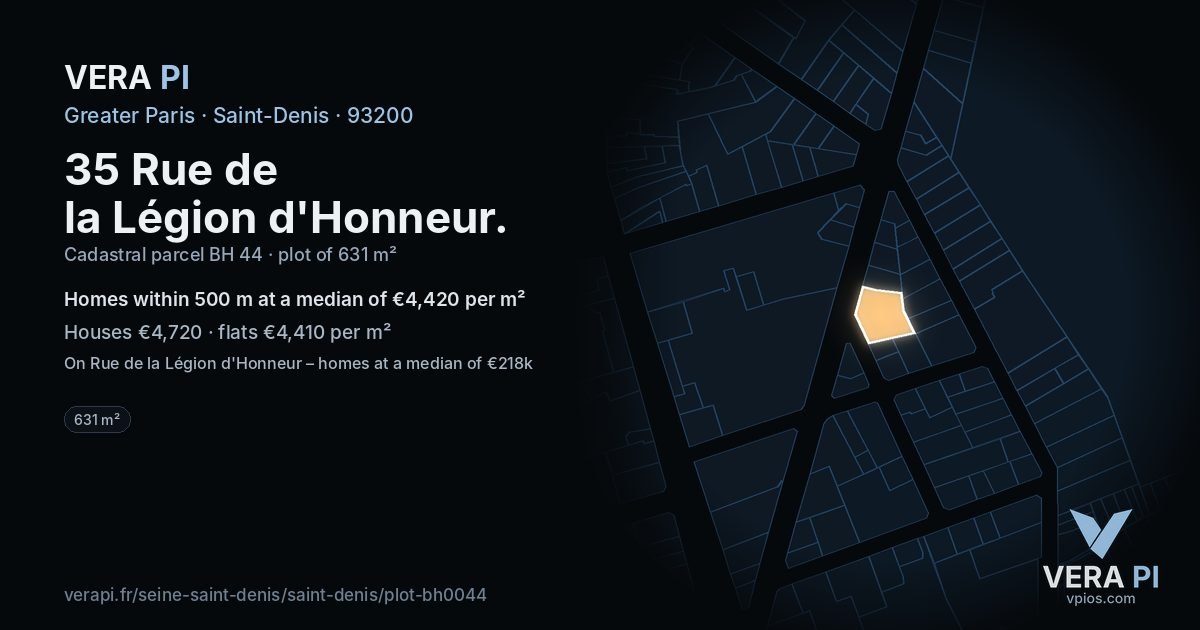 35 Rue de la Légion d'Honneur, Saint-Denis at night – the plot lit, the parcels around coloured by the prices near them
