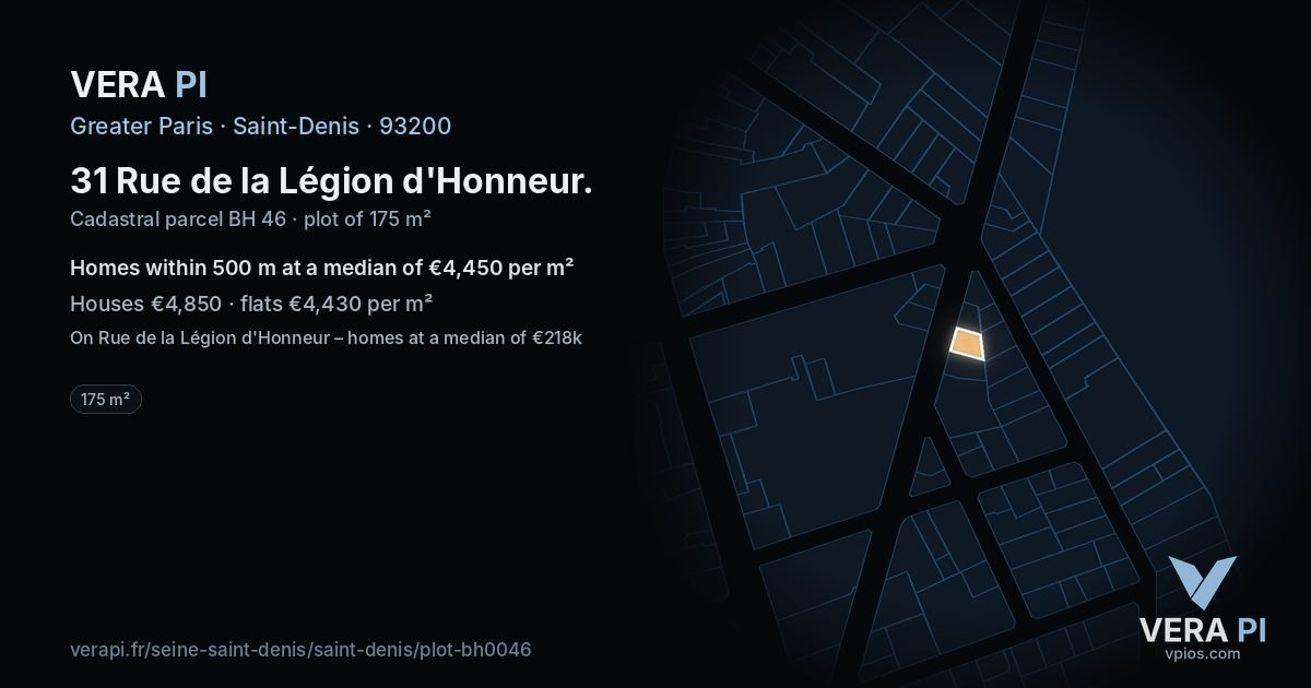 31 Rue de la Légion d'Honneur, Saint-Denis at night – the plot lit, the parcels around coloured by the prices near them