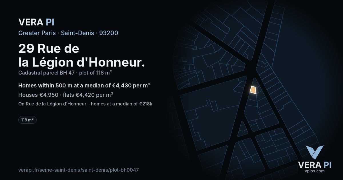 29 Rue de la Légion d'Honneur, Saint-Denis at night – the plot lit, the parcels around coloured by the prices near them
