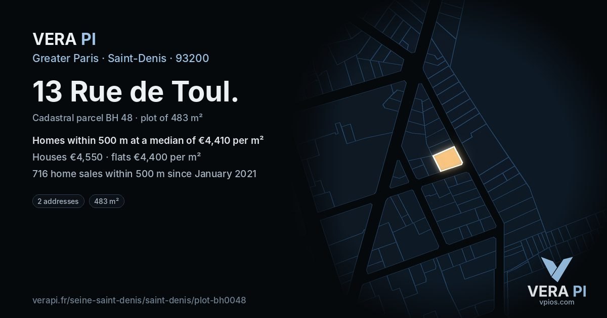 13 Rue de Toul, Saint-Denis at night – the plot lit, the parcels around coloured by the prices near them