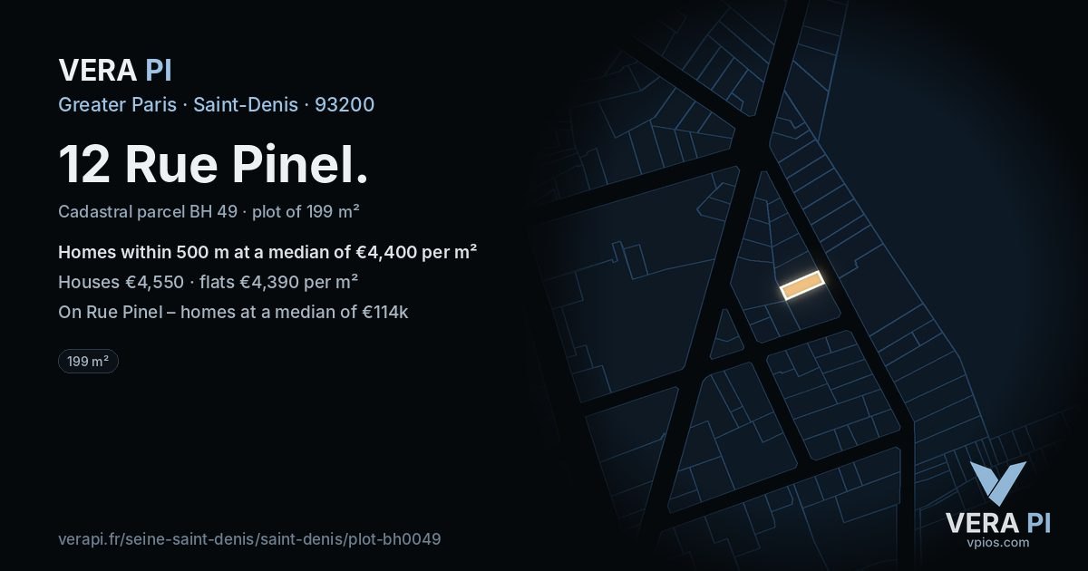 12 Rue Pinel, Saint-Denis at night – the plot lit, the parcels around coloured by the prices near them