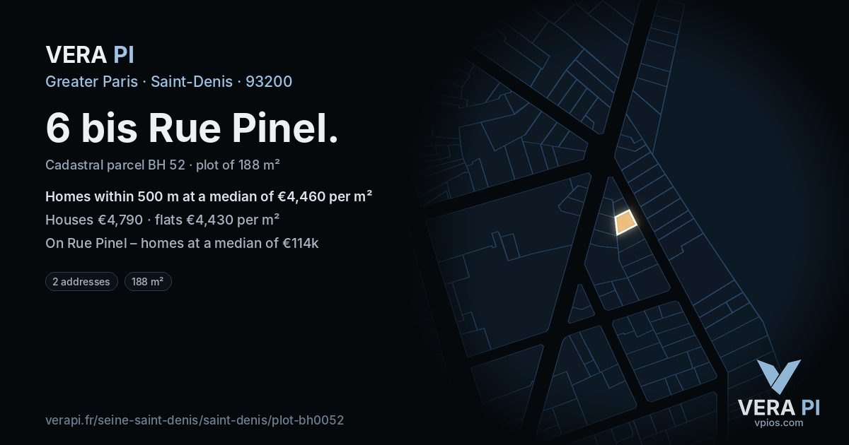 6 bis Rue Pinel, Saint-Denis at night – the plot lit, the parcels around coloured by the prices near them