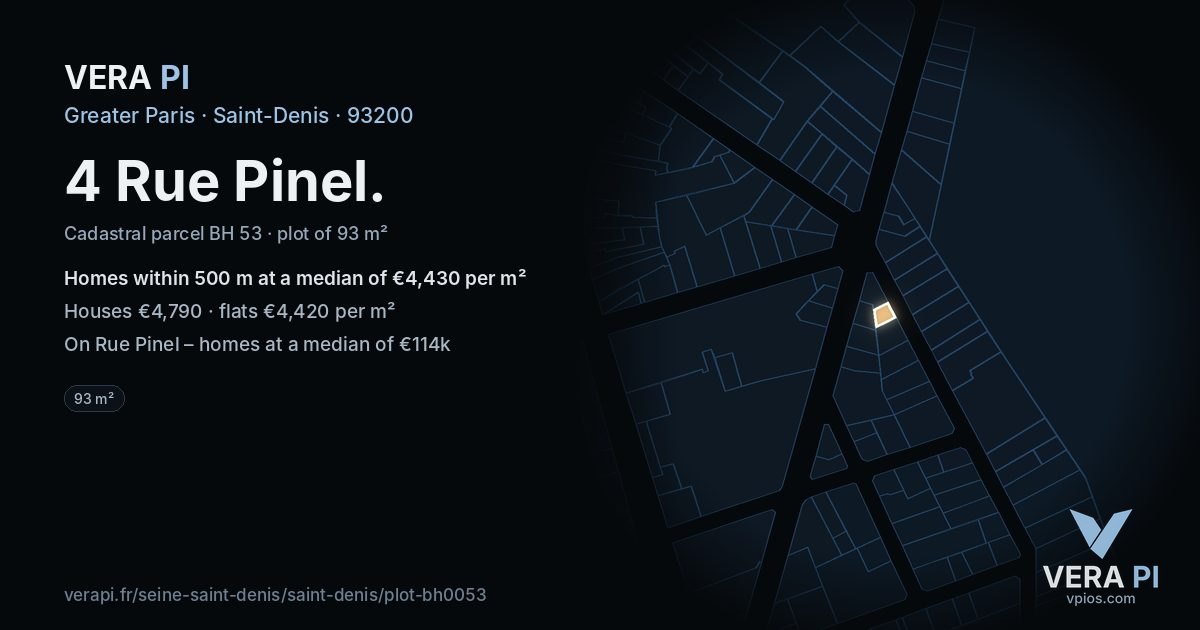 4 Rue Pinel, Saint-Denis at night – the plot lit, the parcels around coloured by the prices near them