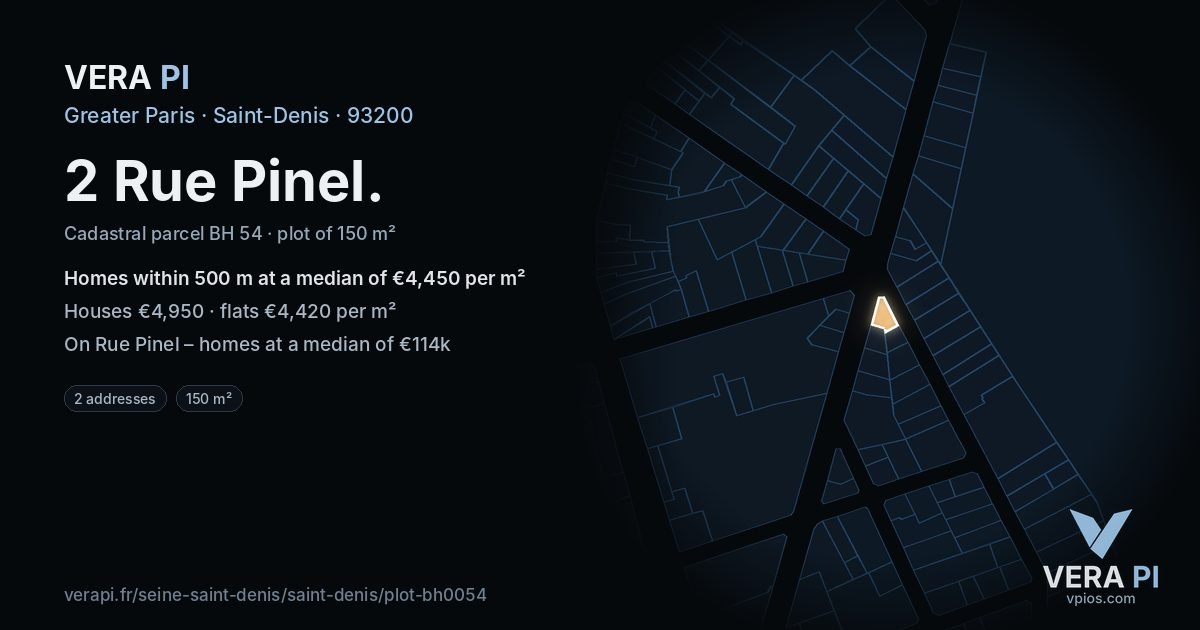 2 Rue Pinel, Saint-Denis at night – the plot lit, the parcels around coloured by the prices near them
