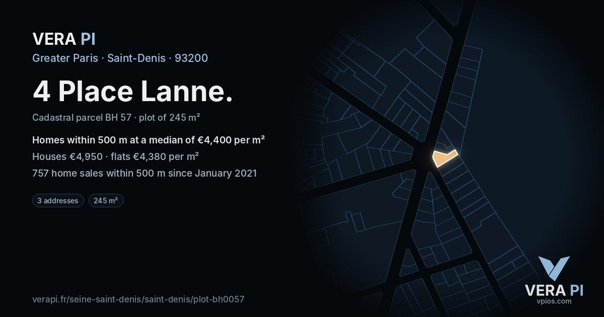 4 Place Lanne, Saint-Denis at night – the plot lit, the parcels around coloured by the prices near them