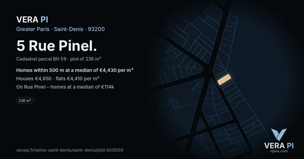 5 Rue Pinel, Saint-Denis at night – the plot lit, the parcels around coloured by the prices near them