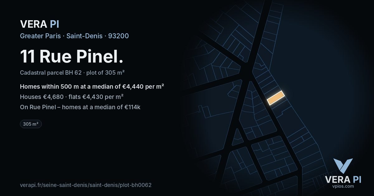 11 Rue Pinel, Saint-Denis at night – the plot lit, the parcels around coloured by the prices near them
