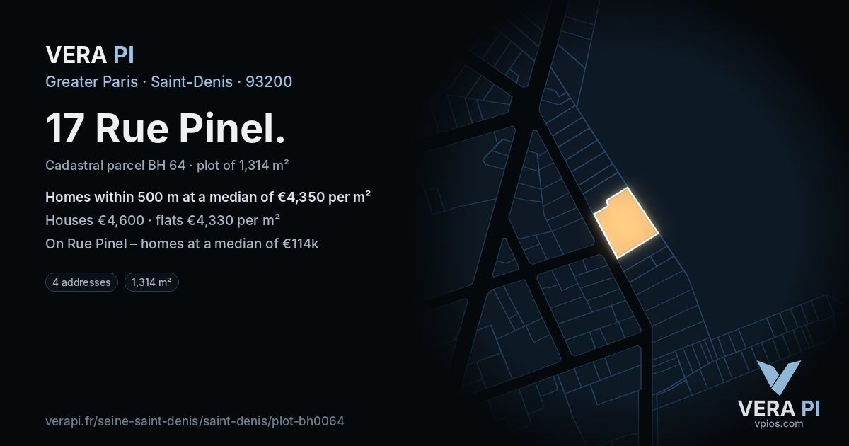 17 Rue Pinel, Saint-Denis at night – the plot lit, the parcels around coloured by the prices near them
