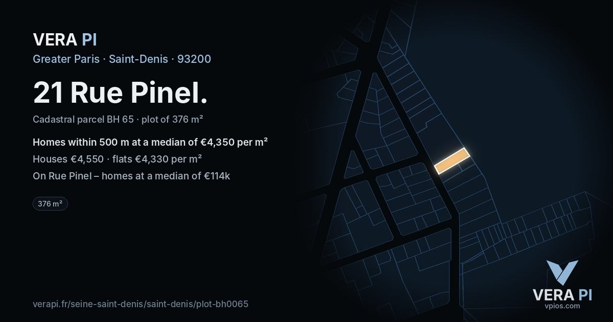 21 Rue Pinel, Saint-Denis at night – the plot lit, the parcels around coloured by the prices near them