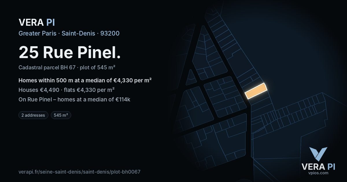 25 Rue Pinel, Saint-Denis at night – the plot lit, the parcels around coloured by the prices near them