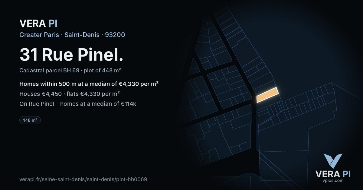 31 Rue Pinel, Saint-Denis at night – the plot lit, the parcels around coloured by the prices near them