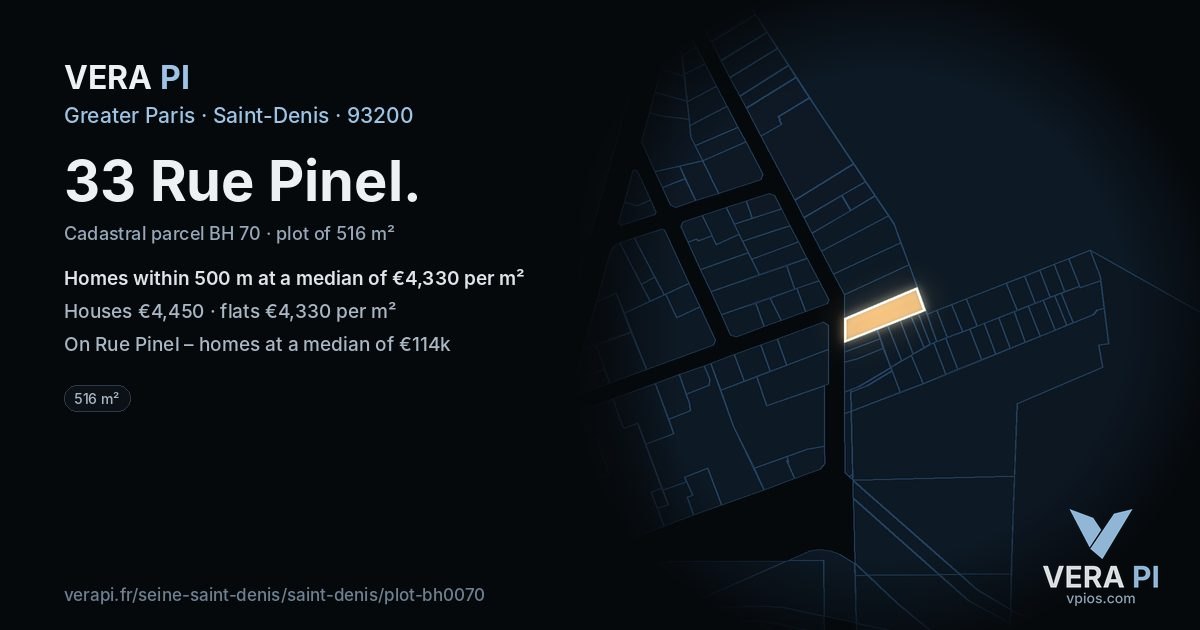 33 Rue Pinel, Saint-Denis at night – the plot lit, the parcels around coloured by the prices near them