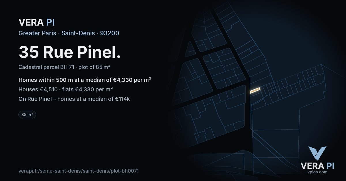 35 Rue Pinel, Saint-Denis at night – the plot lit, the parcels around coloured by the prices near them