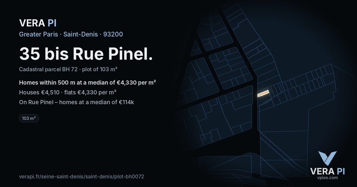 35 bis Rue Pinel, Saint-Denis at night – the plot lit, the parcels around coloured by the prices near them