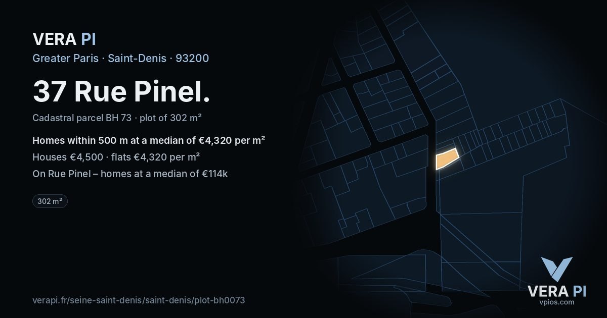 37 Rue Pinel, Saint-Denis at night – the plot lit, the parcels around coloured by the prices near them