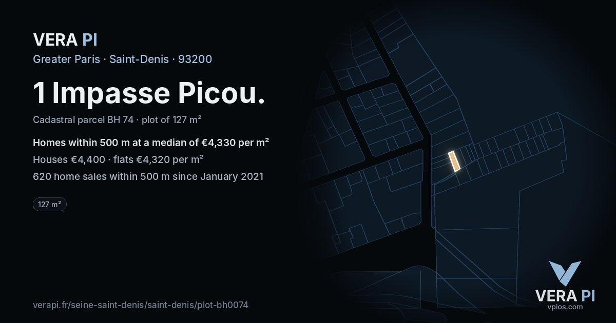 1 Impasse Picou, Saint-Denis at night – the plot lit, the parcels around coloured by the prices near them