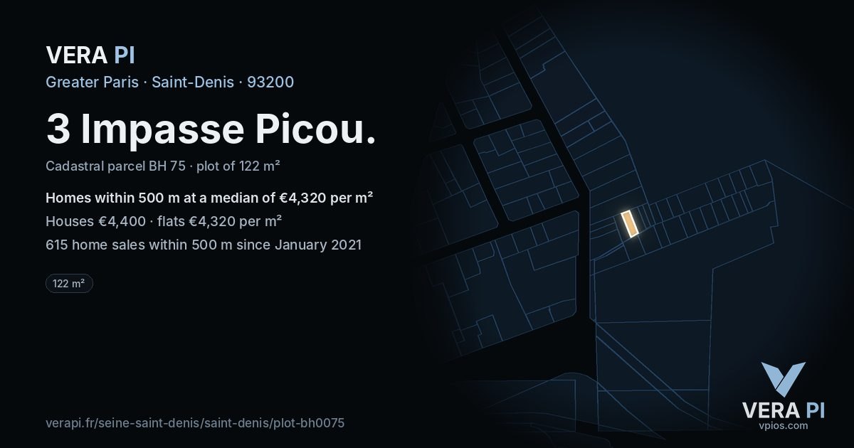 3 Impasse Picou, Saint-Denis at night – the plot lit, the parcels around coloured by the prices near them