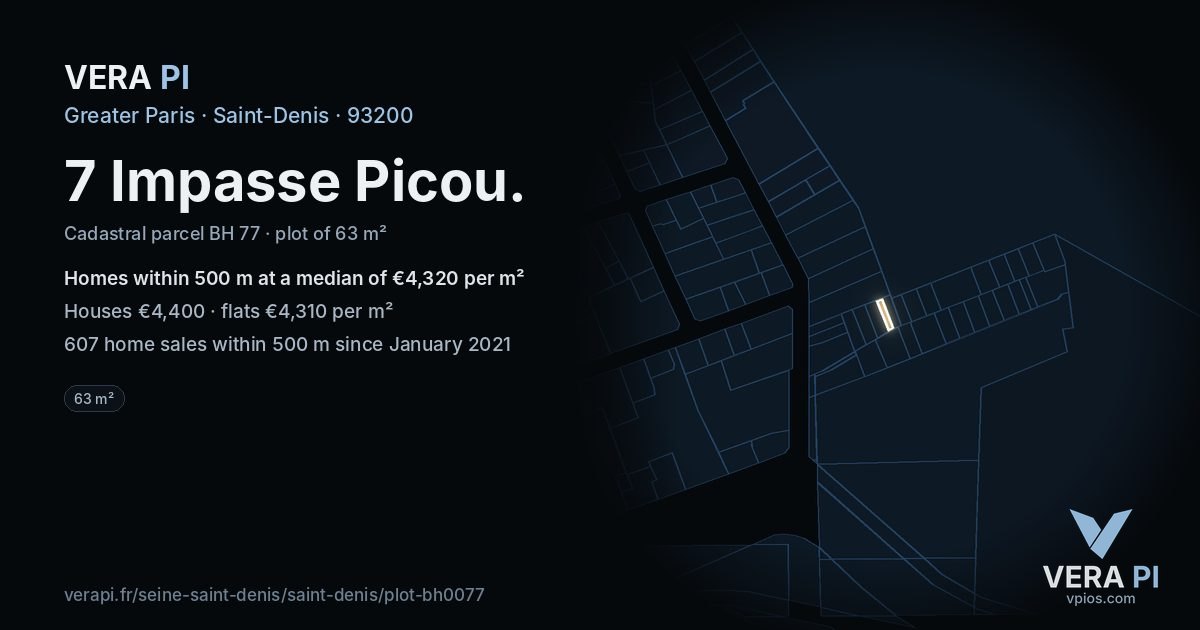 7 Impasse Picou, Saint-Denis at night – the plot lit, the parcels around coloured by the prices near them