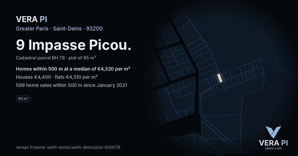 9 Impasse Picou, Saint-Denis at night – the plot lit, the parcels around coloured by the prices near them