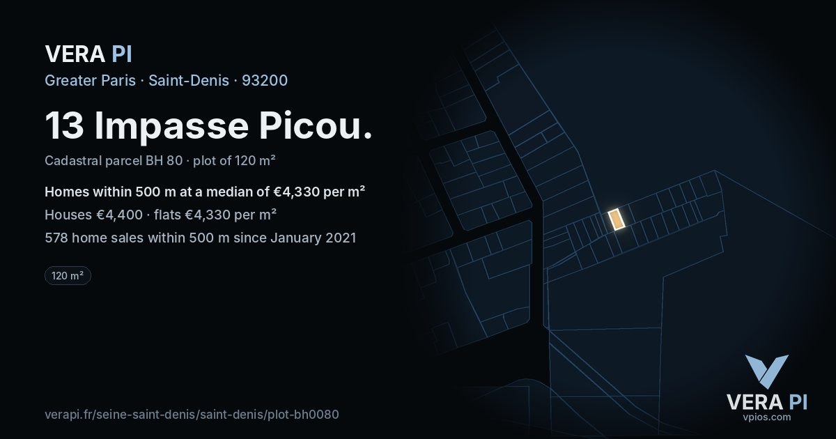 13 Impasse Picou, Saint-Denis at night – the plot lit, the parcels around coloured by the prices near them