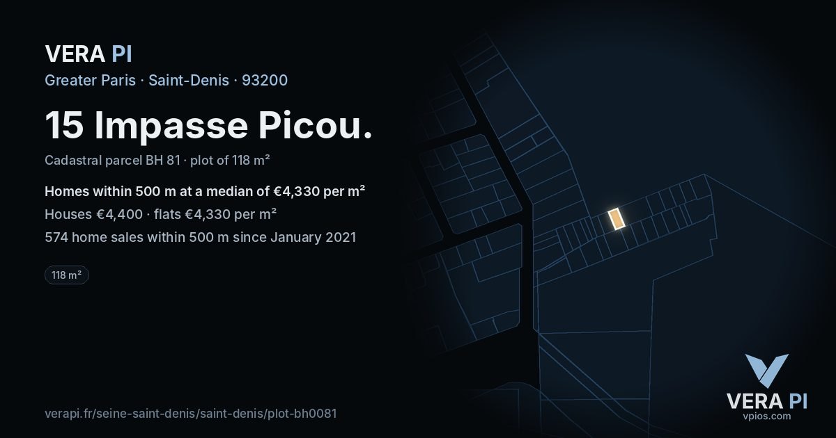 15 Impasse Picou, Saint-Denis at night – the plot lit, the parcels around coloured by the prices near them