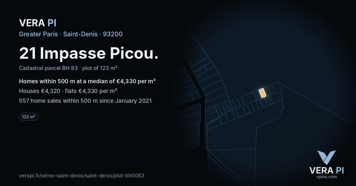 21 Impasse Picou, Saint-Denis at night – the plot lit, the parcels around coloured by the prices near them