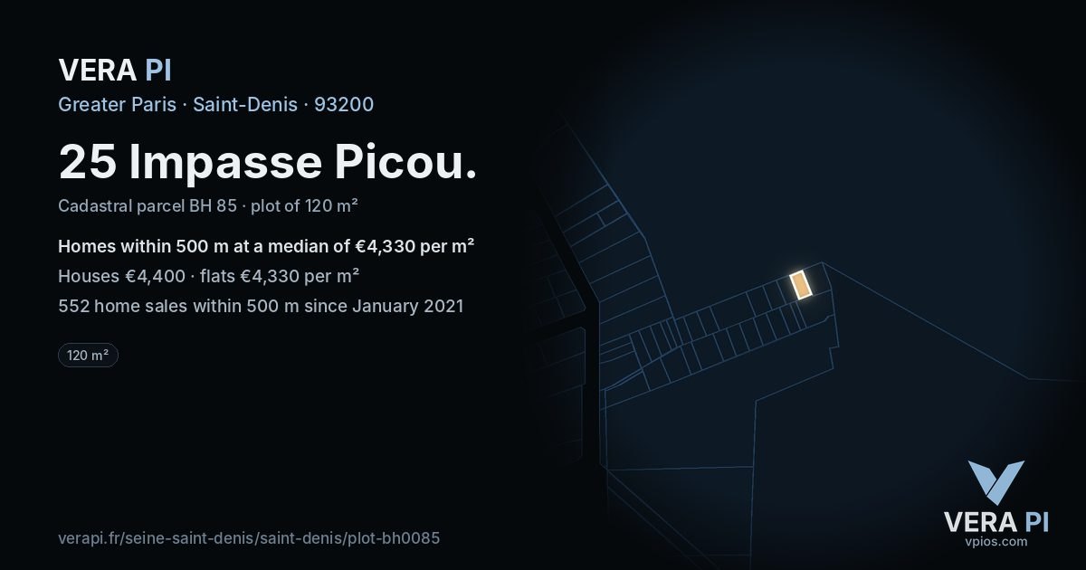 25 Impasse Picou, Saint-Denis at night – the plot lit, the parcels around coloured by the prices near them